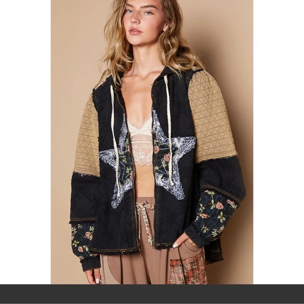 POL Bohemian Star Floral Patch Hooded Jacket S M L - Picture 2 of 4